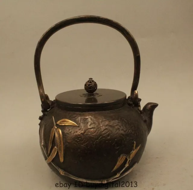 9"Archaic Japan Japanese Iron Lucky flower Kettle Wine Tea Pot Flagon 3