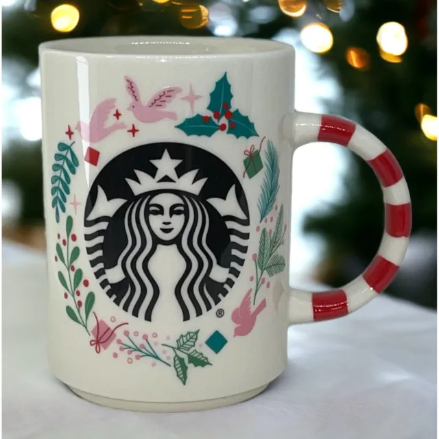 Starbucks Holiday Mug Cup Wreath Mistletoe Birds Candy Cane Christmas 12oz.