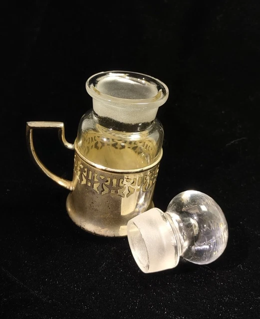 VTG Sheffield Glass Cruet Jar Stopper Silverplated Filigree Victorian Apothecary