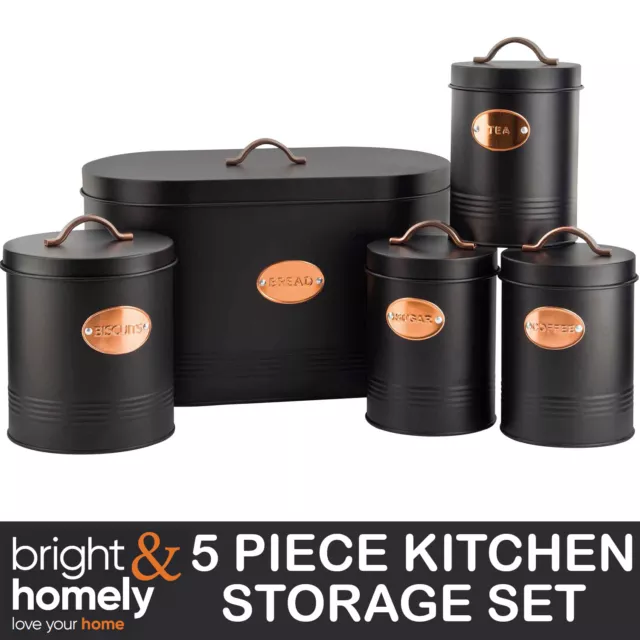 5 Piece Storage Kitchen Canister Set Tea Coffee Sugar Biscuit Tin Bread Bin Jars