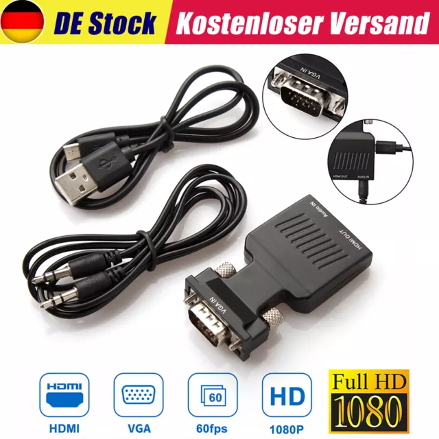 1080P HDMI zu VGA Konverter Adapter Stecker Kabel mit Audio Output Qualität DE