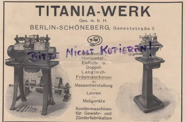 BERLIN-SCHÖNEBERG, Werbung 1917, Titania-Werk GmbH Handhebel Horizontal-Fräsmasc