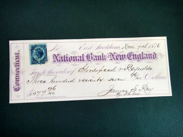 1876 antique BANK CHECK~NATIONAL BANK NEW ENGLAND w/rev stamp GOODSPEED/REYNOLD