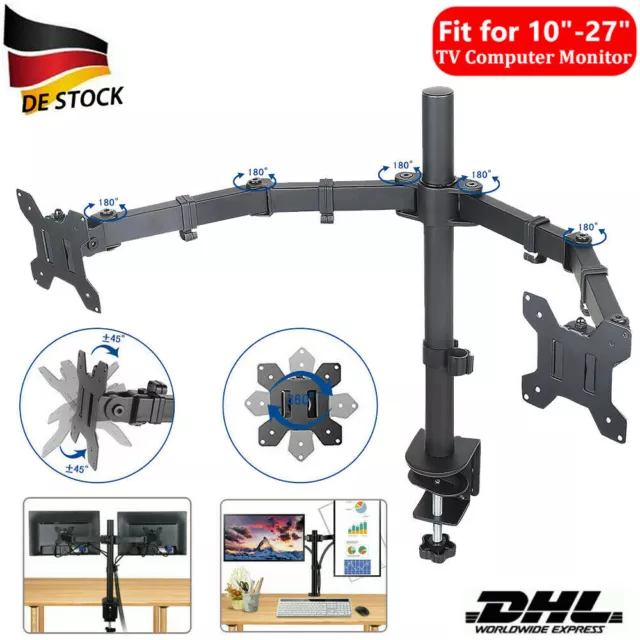 10"- 27" Fully Adjustable Double Monitor Bracket Dual Arm Desk Stand Stable LED