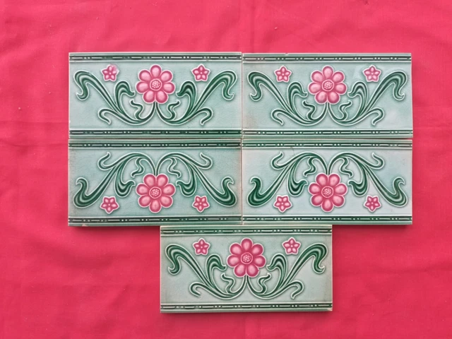5 Piece Lot Old Art Flower Design Embossed Majolica Ceramic Tiles Japan 0195