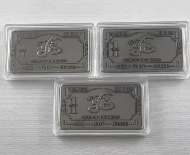 3x One Troy Ounce Tibetan Silver - Year of the Snake Ingot -