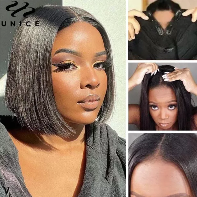 Peruvian Bob Straight V Part Lace Wig Human Hair U Part Wigs for Black Women 12A