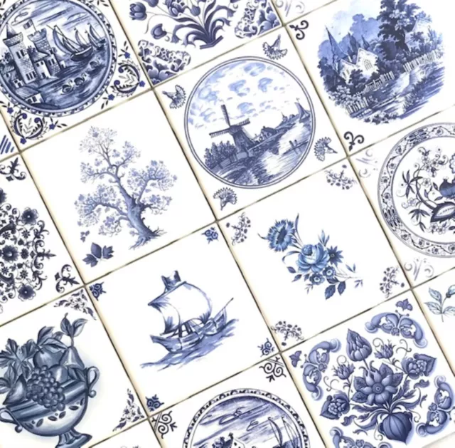 Blue & White Delft Design Assortment of 16 Kiln Fired Backsplash Ceramic Tiles