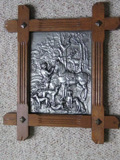 Antique German 20" x 17"Embossed &Engraved Pewter Picture w/Oak Frame Horse/Deer