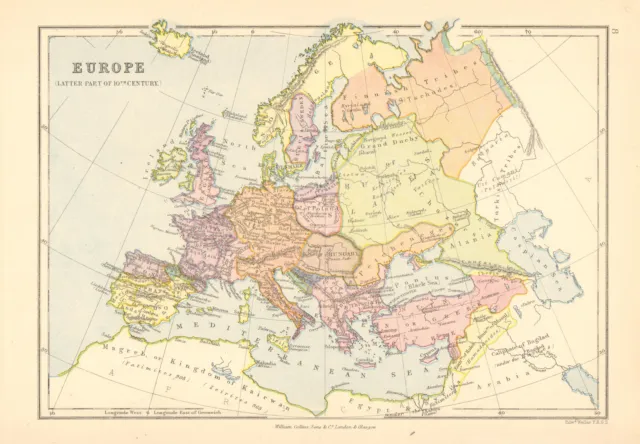 'Europe (Latter part of 10th Century)'. BARTHOLOMEW 1876 old antique map chart