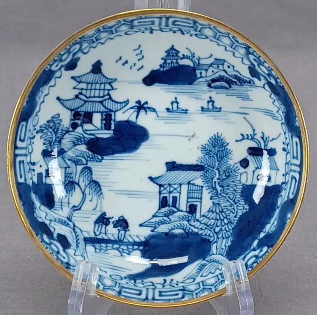 18th Century Chinese Export Hand Painted Blue Pagodas & Gold Saucer E