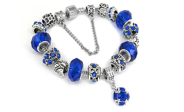 18K White Gold Plated Blue Crystal CZ Charm Bracelet Made with Swarovski Element