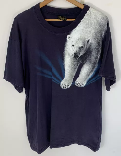 Planet Earth Mens Size XL Vintage Shirt Navy Blue Polar Bear Print Front Back