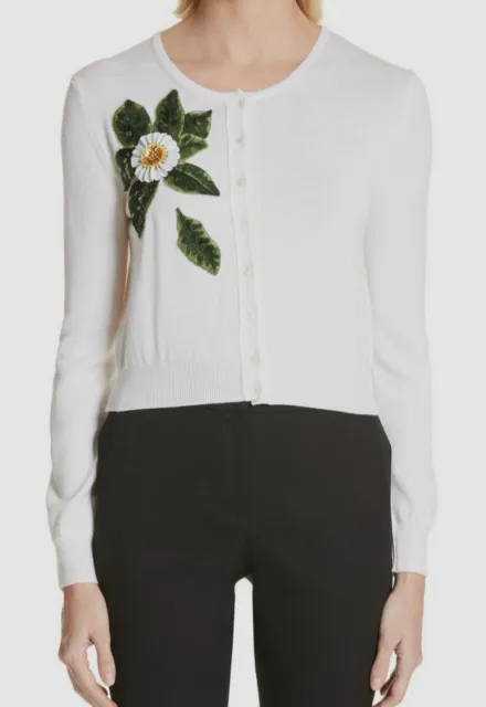 $2451 Oscar De La Renta Women's Ivory Sequin Leaf Wool Cardigan Sweater Size XS