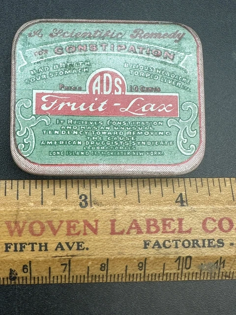 A. D. S. Fruit-Lax Constipation Tin Quack Medicine w/Flyer & Contents 1920s RARE