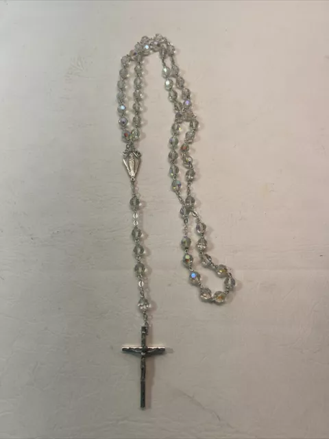 Vintage Inri Signed Italy Crystal Glass Bead Catholic Rosary Necklace 24”