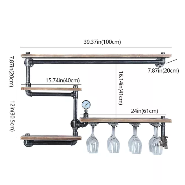 Rustic Metal Floating Bar Shelves Wall Mounted Industrial Pipe Shelf Wine Rack 3