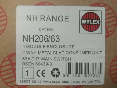 Wylex interruttore principale 63A 2-Way unità di consumo in metallo 