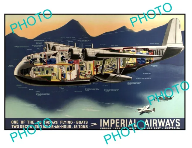 OLD LARGE HISTORIC AVIATION POSTER IMPERIAL AIRWAYS FLYING BOATS c1950s
