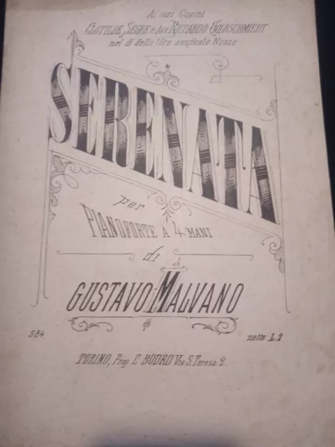 Spartito musicale antico " Serenata" di G.Malvagno per pianoforte a 4 mani