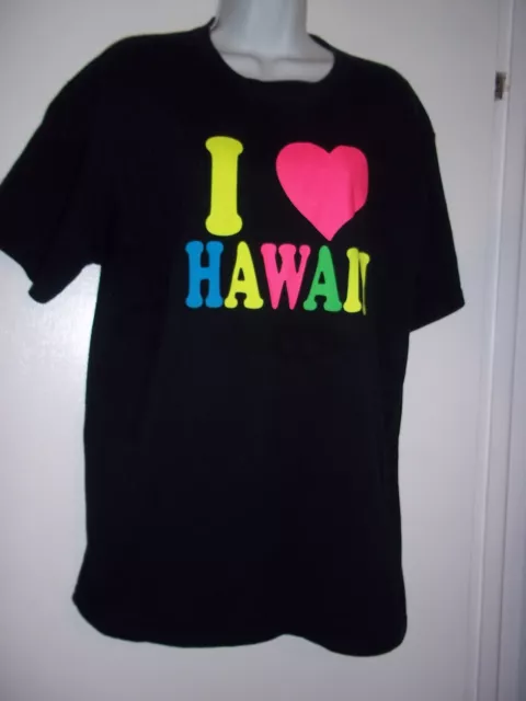 I Heart (Love) Hawaii T-Shirt Unisex Black Neon Lettering Mens Womens ~L~  EUC