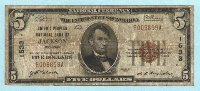 $5 National Currency 1929 T1 - Ch#1533 - Union & Peoples NB, Jackson, MI - VF