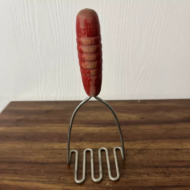 Vintage Potato Masher Wooden Red Handle