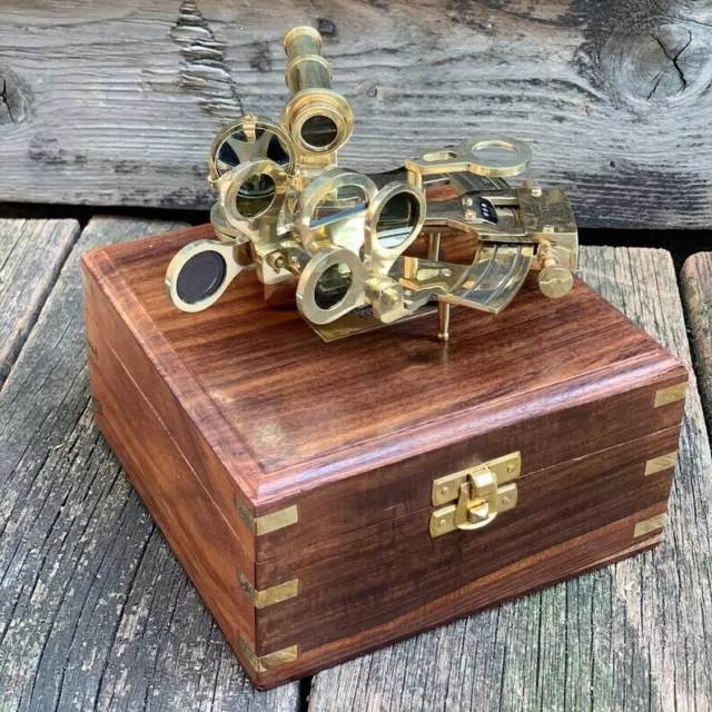 Antique Marine Solid Brass Sextant With Wooden Box Navigation Pirate Vintage New
