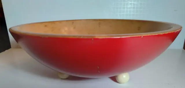 Vintage Large Red w White Ball Feet Munising 13" Wooden Dough Bowl Centerpiece