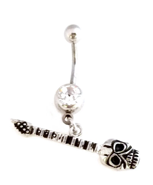 Belly Ring Skull Guitar w/Clear Gem Dangle Naval Steel Body Jewelry