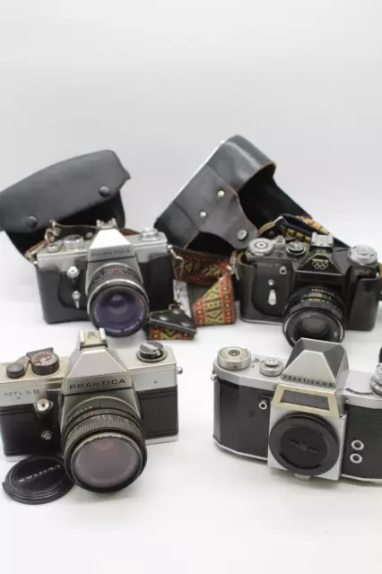 F x4 Vintage SLR Film Cameras Inc. Praktica IV B, Praktica MTL 5 B, Some Cased