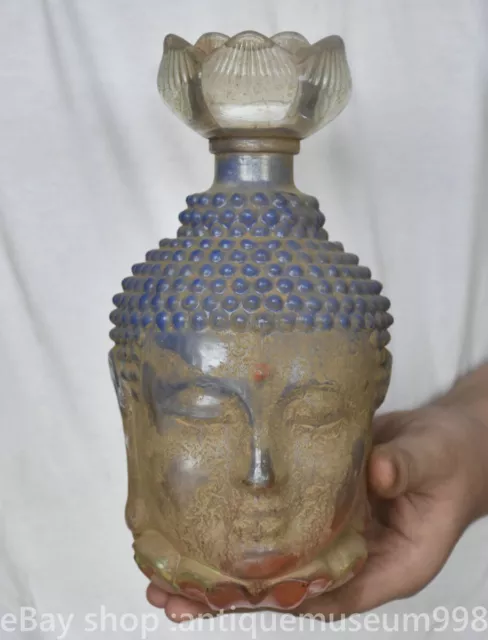 8.8 "Chine antique cristal sculpté bouddhisme Shakyamuni tête Lotus lampe