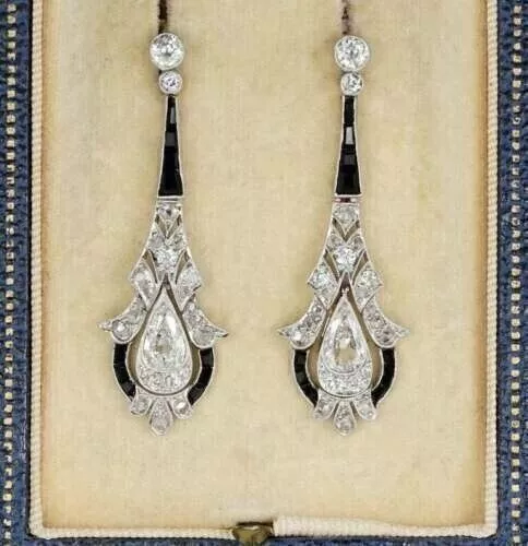 Vintage Art Deco Pear Cut Lab Created Diamond Drop/Dangle 925 Silver Earrings