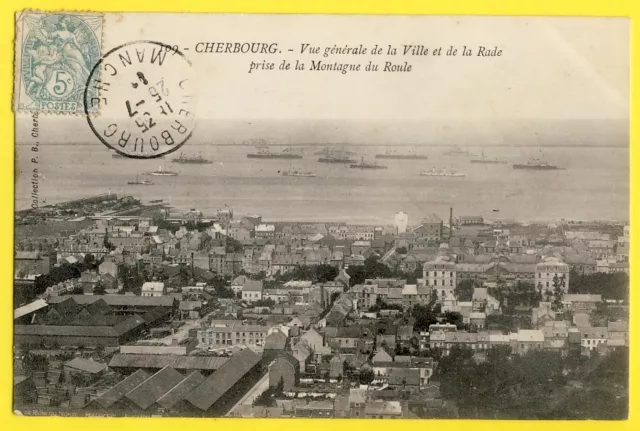 cpa 50 - CHERBOURG Vue générale la VILLE et BATEAUX MILITAIRES dans la RADE