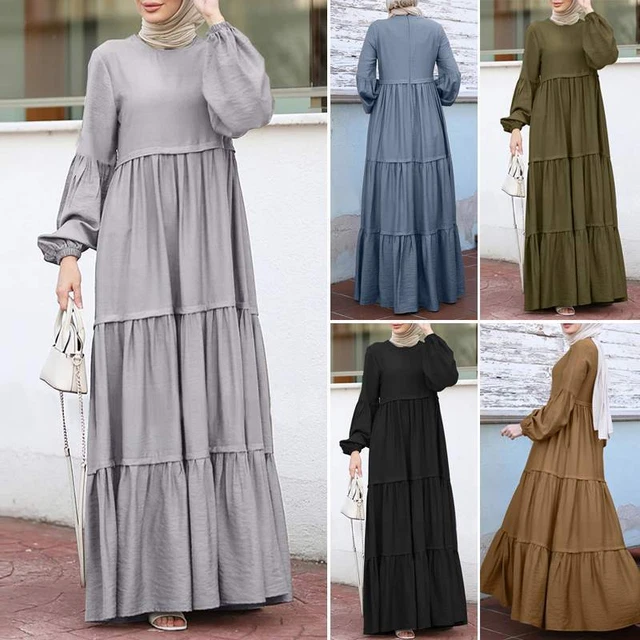 Solid Color Puff Sleeve Cake Dress Elegant Muslim Womens Party Robe Abaya Kaftan