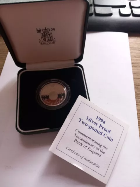 Cased 1994 Bank Of England .925 Silver Proof Two Pound Coin Tercentenary Boe