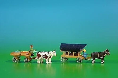 2 IN Miniatura Attacchi Tafelwagen IN Natura Con Bue, Carico: 4 Obstkisten E Pl