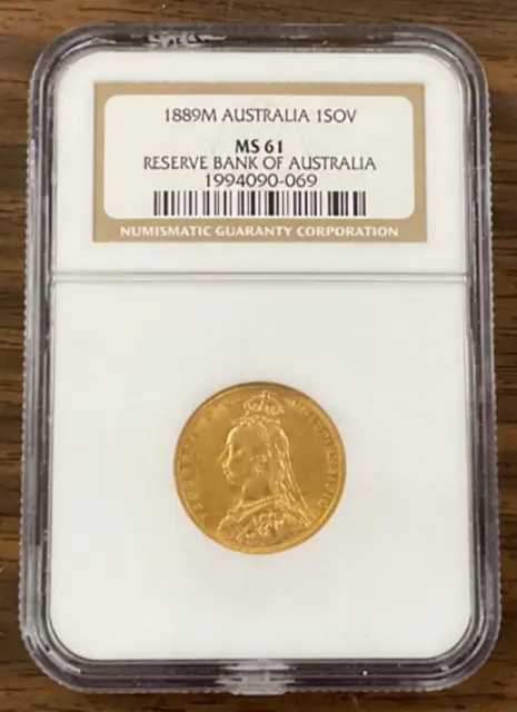 1889M Melbourne Australia Sovereign NGC MS61 gold coin, JUBILEE head