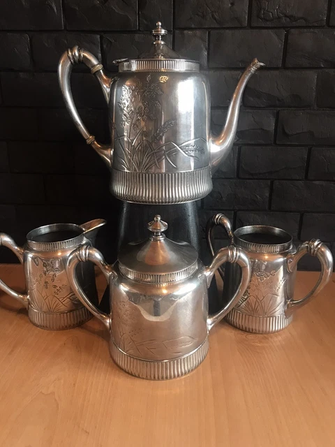 Meriden Britannia Silverplate Tea Set c.1886, Botanical Engraved, Teapot