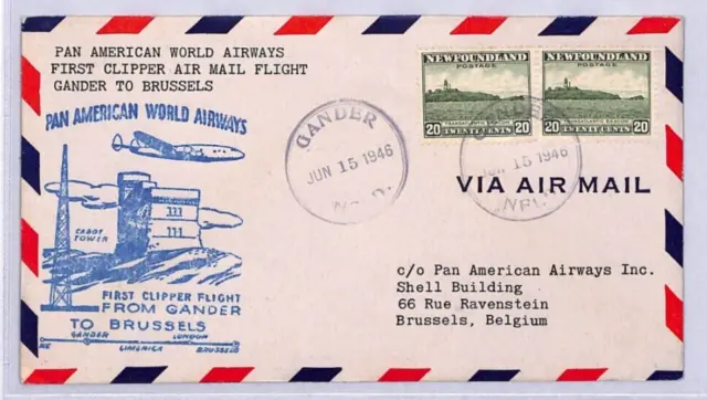 Canada NEWFOUNDLAND Air Mail FIRST PAN-AM CLIPPER FLIGHT BELGIUM 1947 FFC YN74