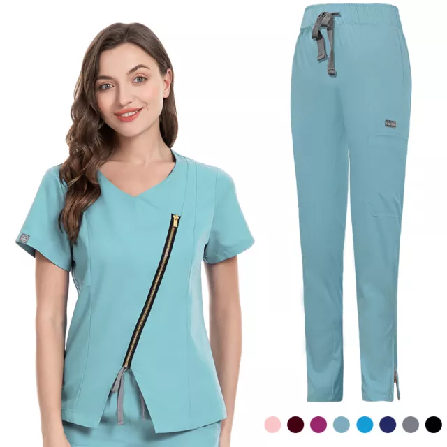 Stretch Medical Nurse Uniform Women Scrub Set Short Sleeve Straight Pants Beauty