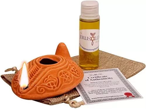 Herodian - Biblical Replica Ancient Clay Oil LAMP and Flask of Olive Oil from...