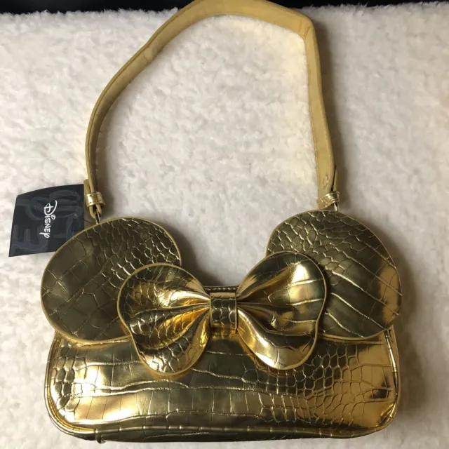 New Disney Bioworld Minnie Mouse Gold Metallic Animal Print Shoulder Bag