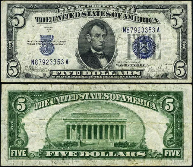 FR. 1653 $5 1934-C Silver Certificate Non-Mule N-A Block Narrow Face VF FP #2029
