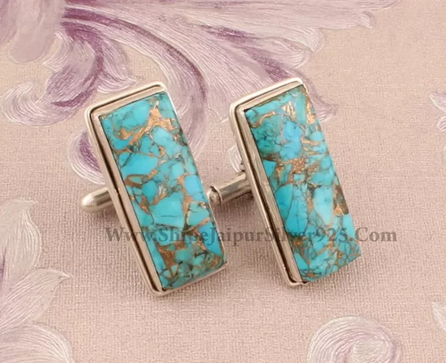 Natural American Copper Turquoise Gemstone 925 Sterling Silver Handmade Cufflink