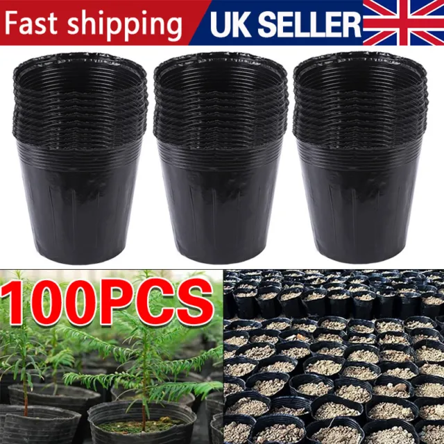 100X Black Plastic Plant Pots Strong Duty Round Professional Litre Nursery Pot
