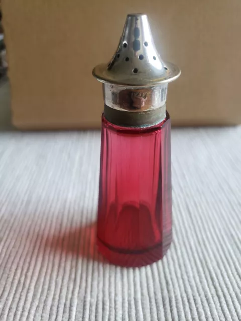 Victorian Cranberry Ruby Glass sugar shaker epns tops ~ Off Centre RARE