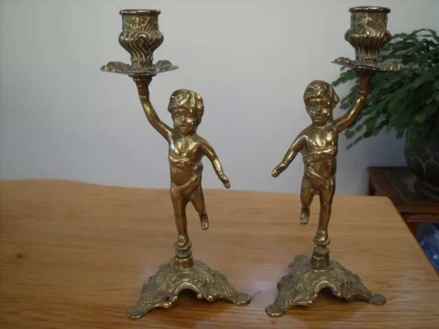 Pair Of Brass Cherub Figurine Brass Candlesticks ~ 9" tall.