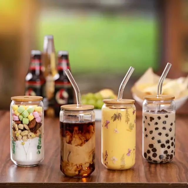 4PCS Glass Smoothie Iced Coffee Cup With Glass Straw And Bamboo Lid