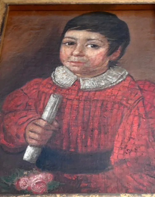 Authentic early 19th Century Spanish Colonial Painting Boy w/ Scroll 14" X 18" 3